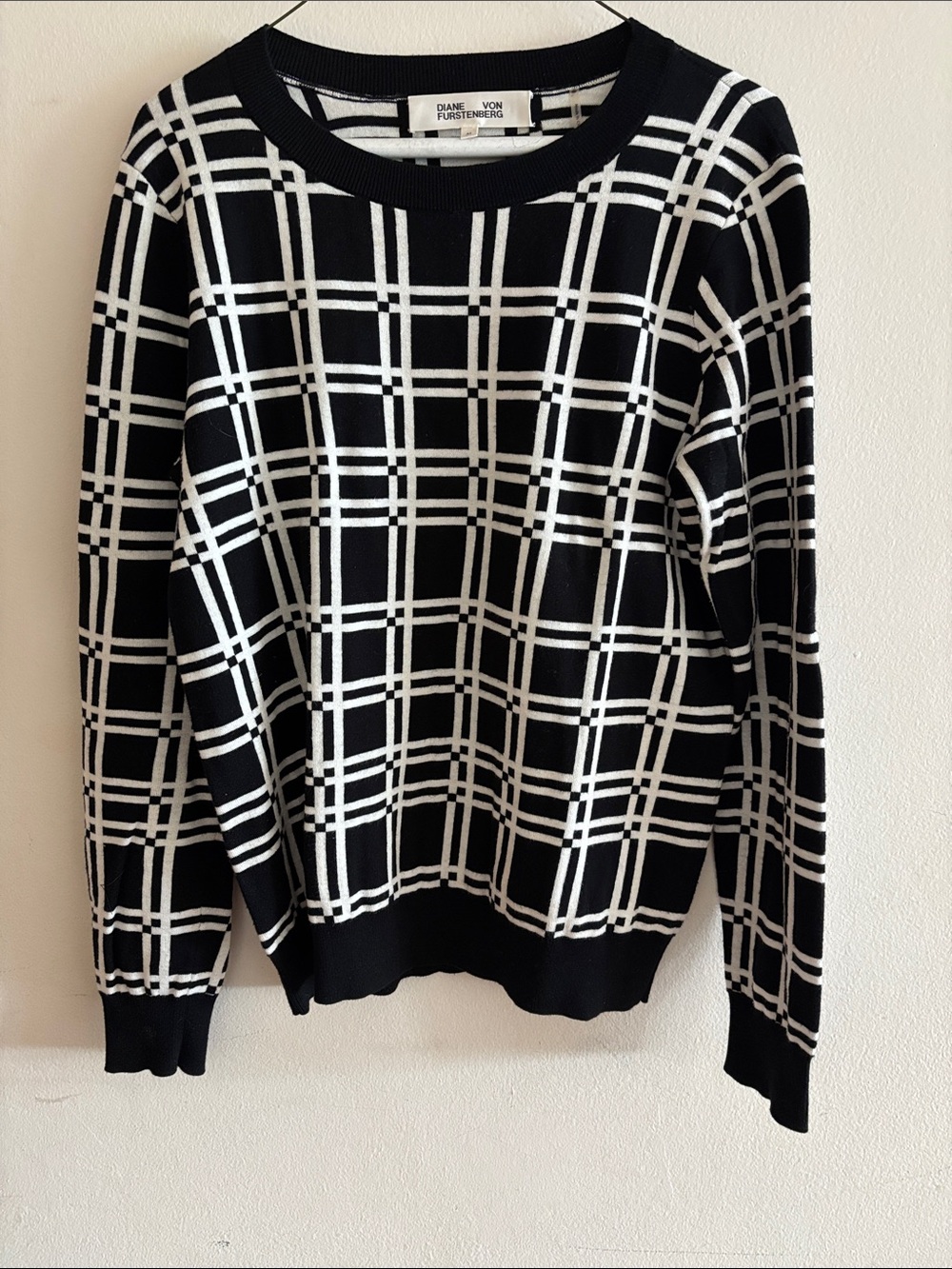 Diane von Furstenberg Black & White Plaid Crewneck Sweater